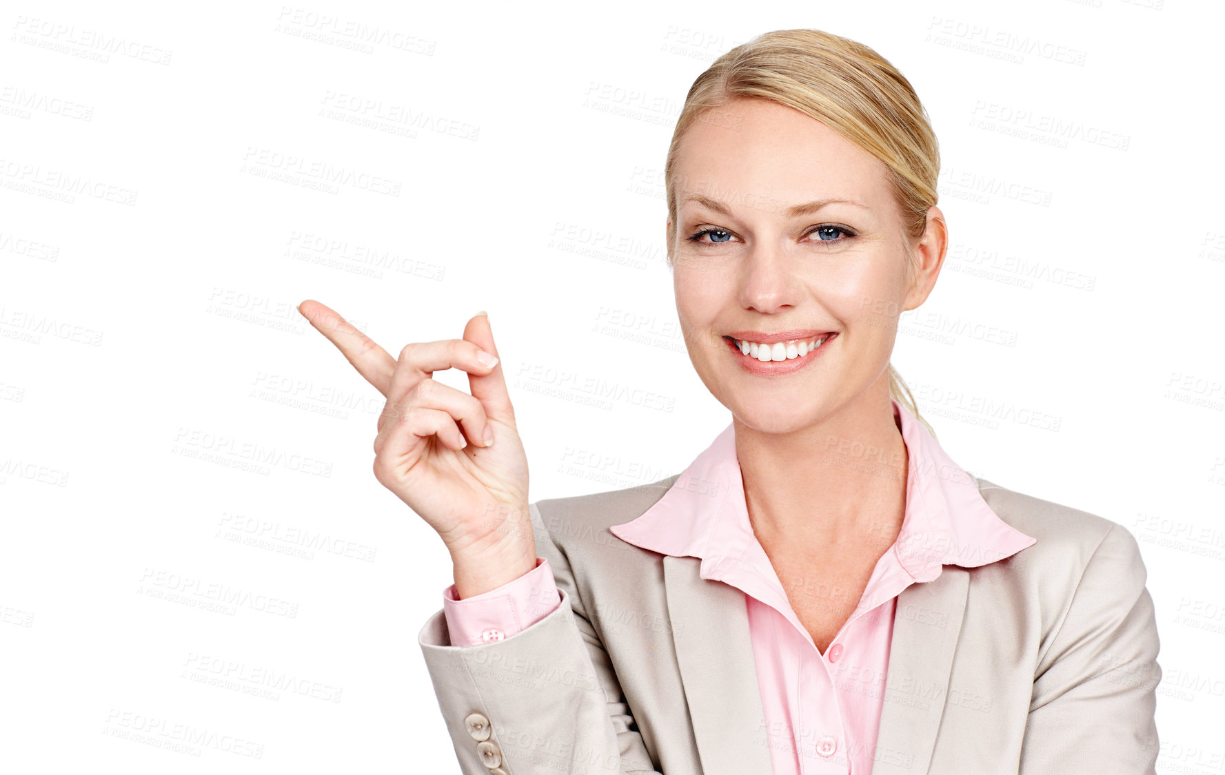 Buy stock photo Portrait, pointing and woman with a decision, business and consultant isolated against white studio background. Face, female person or employee with hand gesture, choice or opportunity with direction