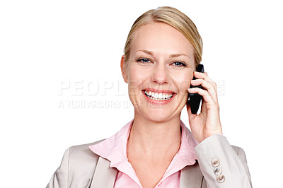 Buy stock photo Studio portrait of a businesswoman talking on her cellphone against a white background