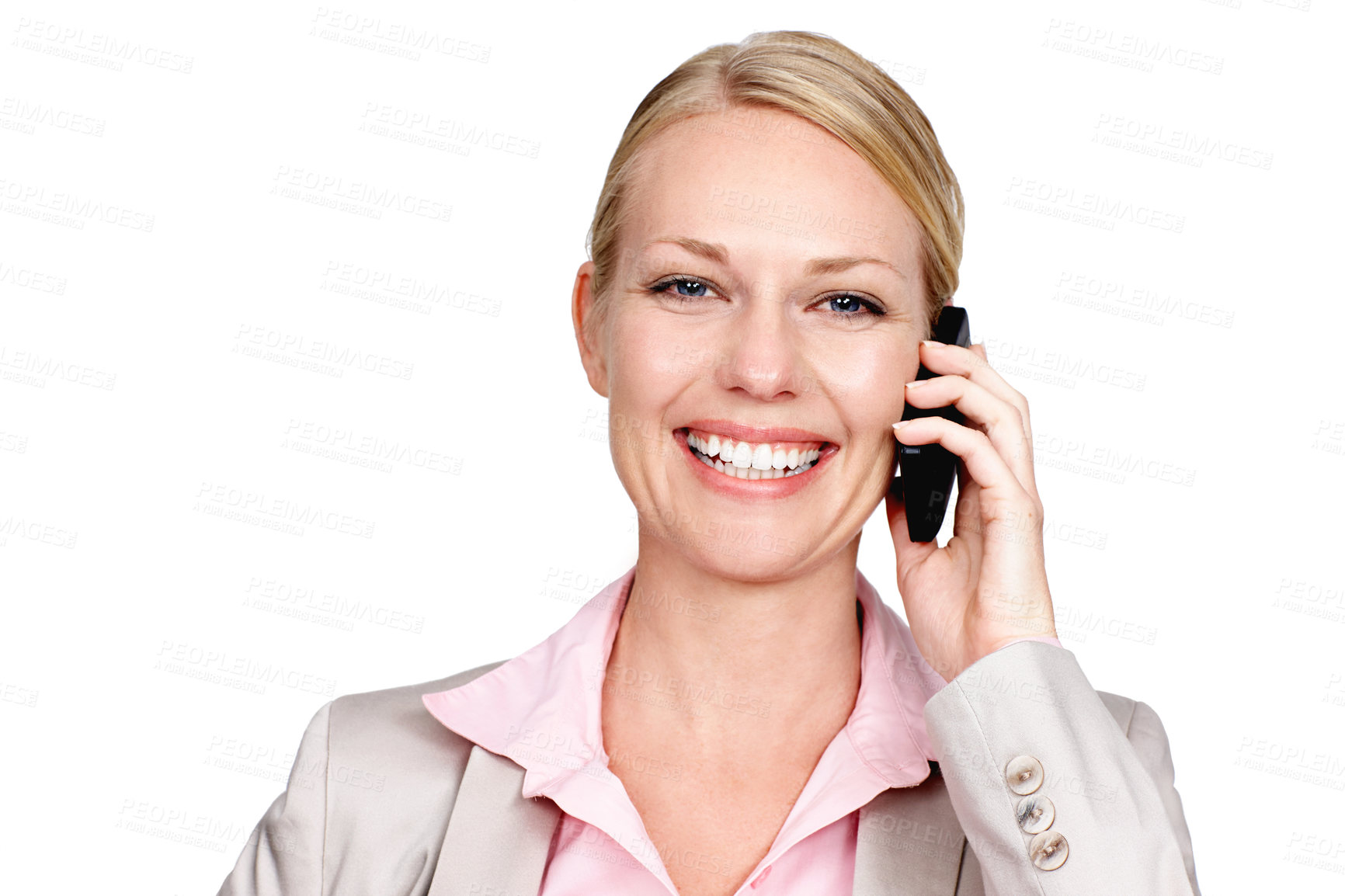 Buy stock photo Studio portrait of a businesswoman talking on her cellphone against a white background