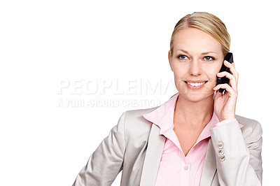Buy stock photo Studio shot of a businesswoman talking on her cellphone against a white background