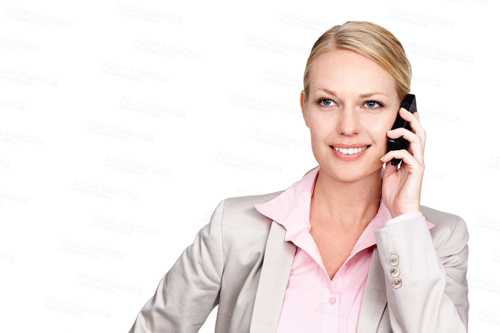 Buy stock photo Studio shot of a businesswoman talking on her cellphone against a white background