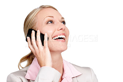 Buy stock photo Studio shot of a businesswoman talking on her cellphone against a white background