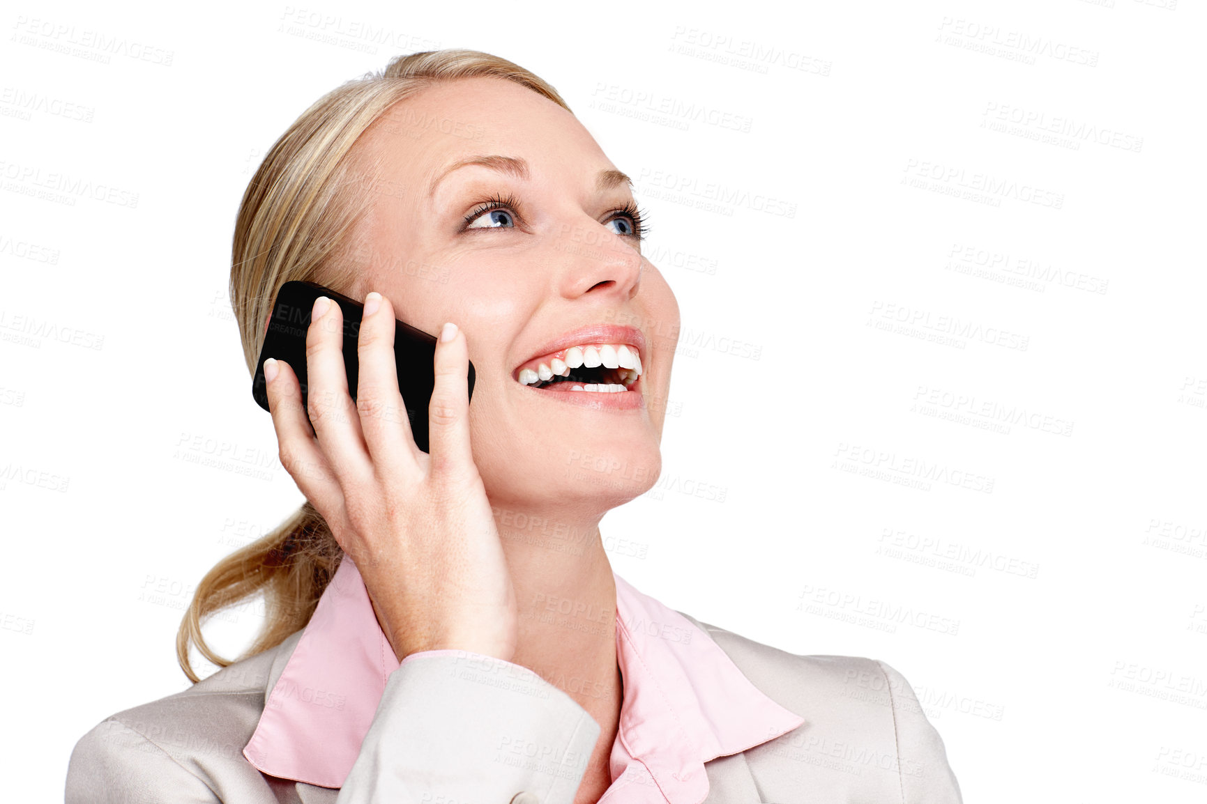 Buy stock photo Studio shot of a businesswoman talking on her cellphone against a white background