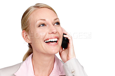 Buy stock photo Studio shot of a businesswoman talking on her cellphone against a white background