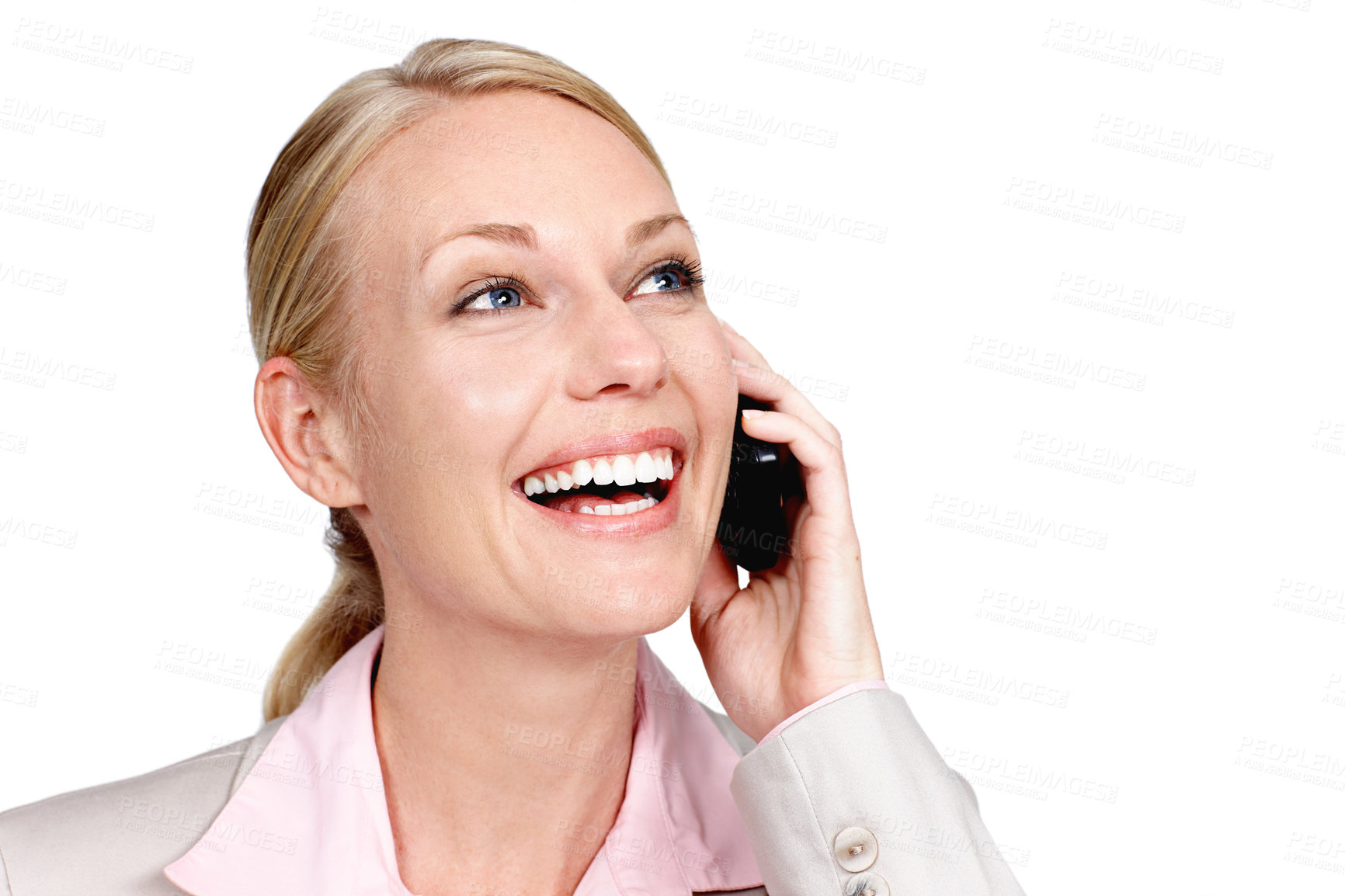 Buy stock photo Studio shot of a businesswoman talking on her cellphone against a white background