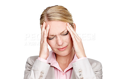 Buy stock photo Studio shot of a businesswoman looking stressed against a white background