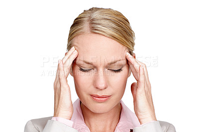 Buy stock photo Studio shot of a businesswoman looking stressed against a white background