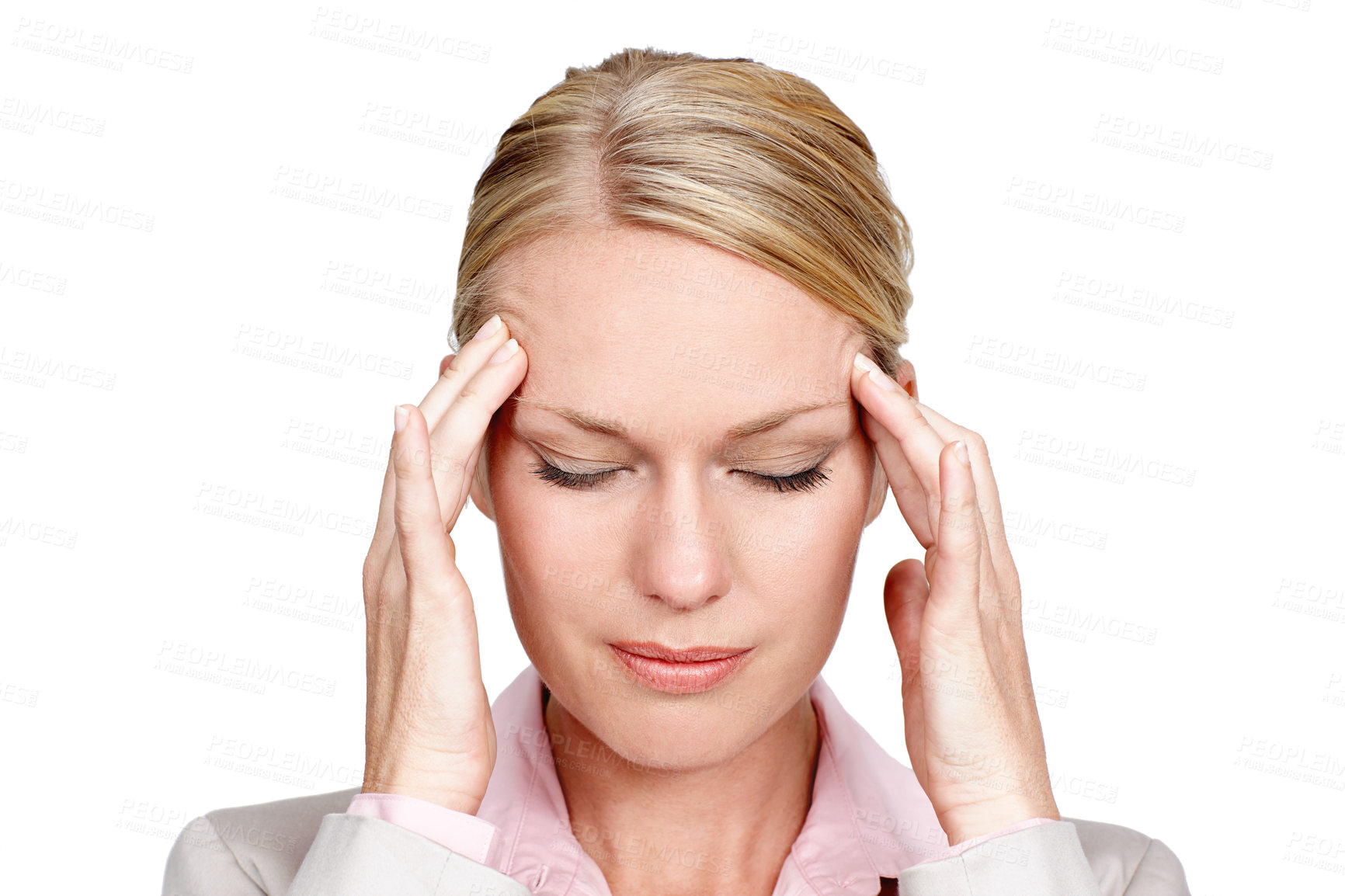 Buy stock photo Studio shot of a businesswoman looking stressed against a white background