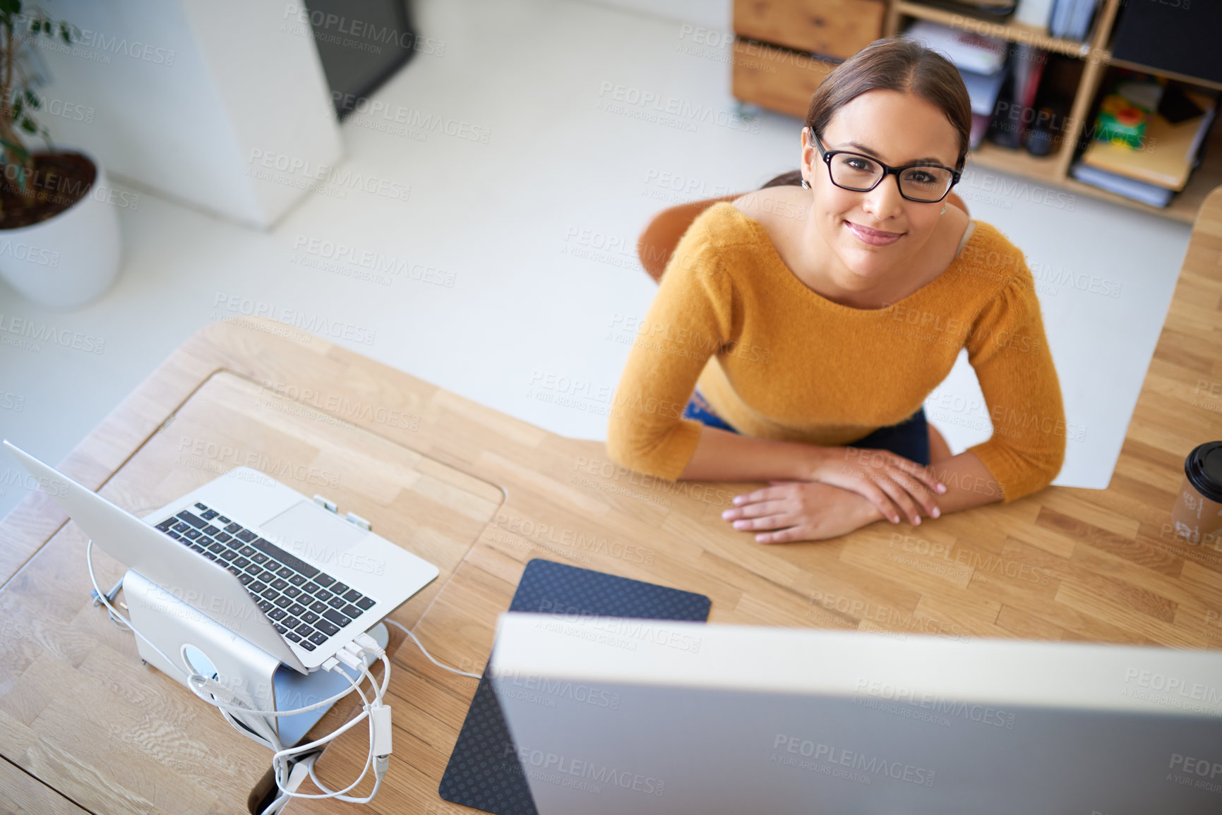 Buy stock photo Above, woman and project on computer in office with creative web developer, coding or research online. Happy, person and development of company website, app or programmer at desktop for productivity