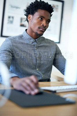 Buy stock photo Computer, creative and research with black man in office for service designer, workflow mapping and website ui.  Project management, target audience and feedback with person and online for startup