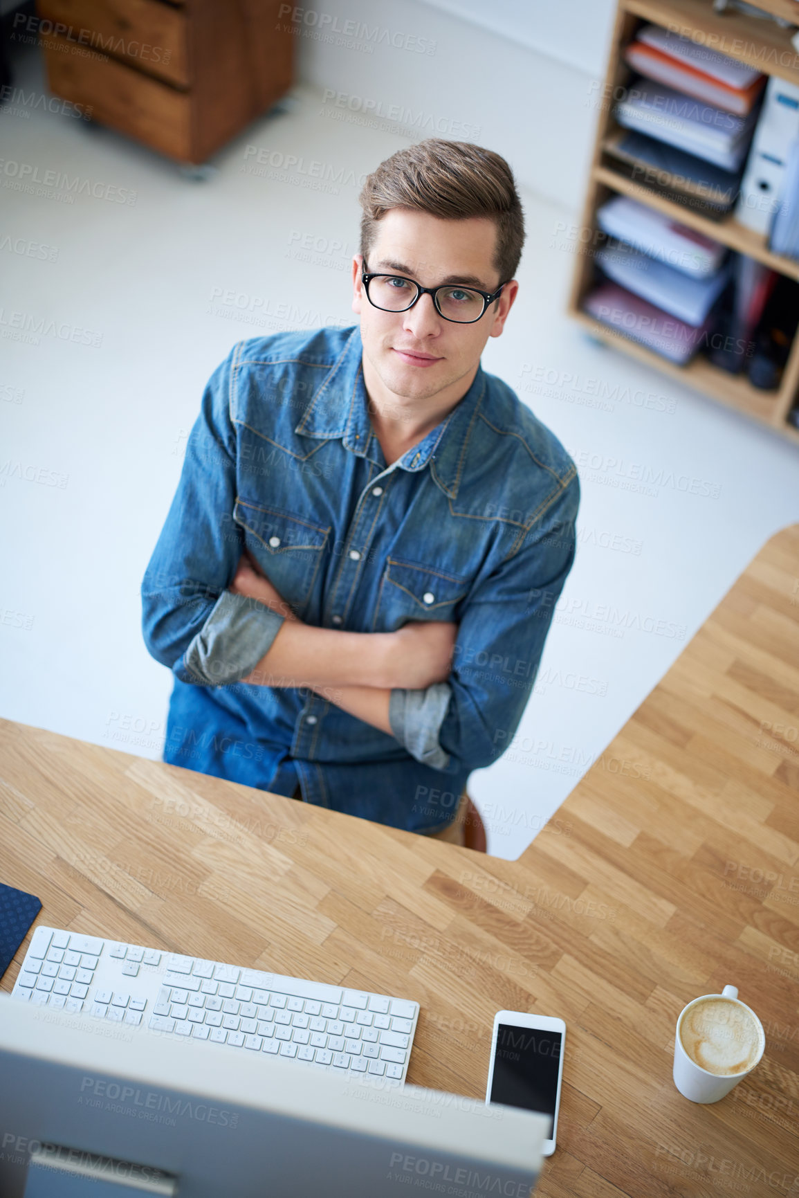 Buy stock photo Computer, portrait and arms crossed with man in office for service designer, workflow mapping and website ui.  Project management, target audience and feedback with person and above for startup