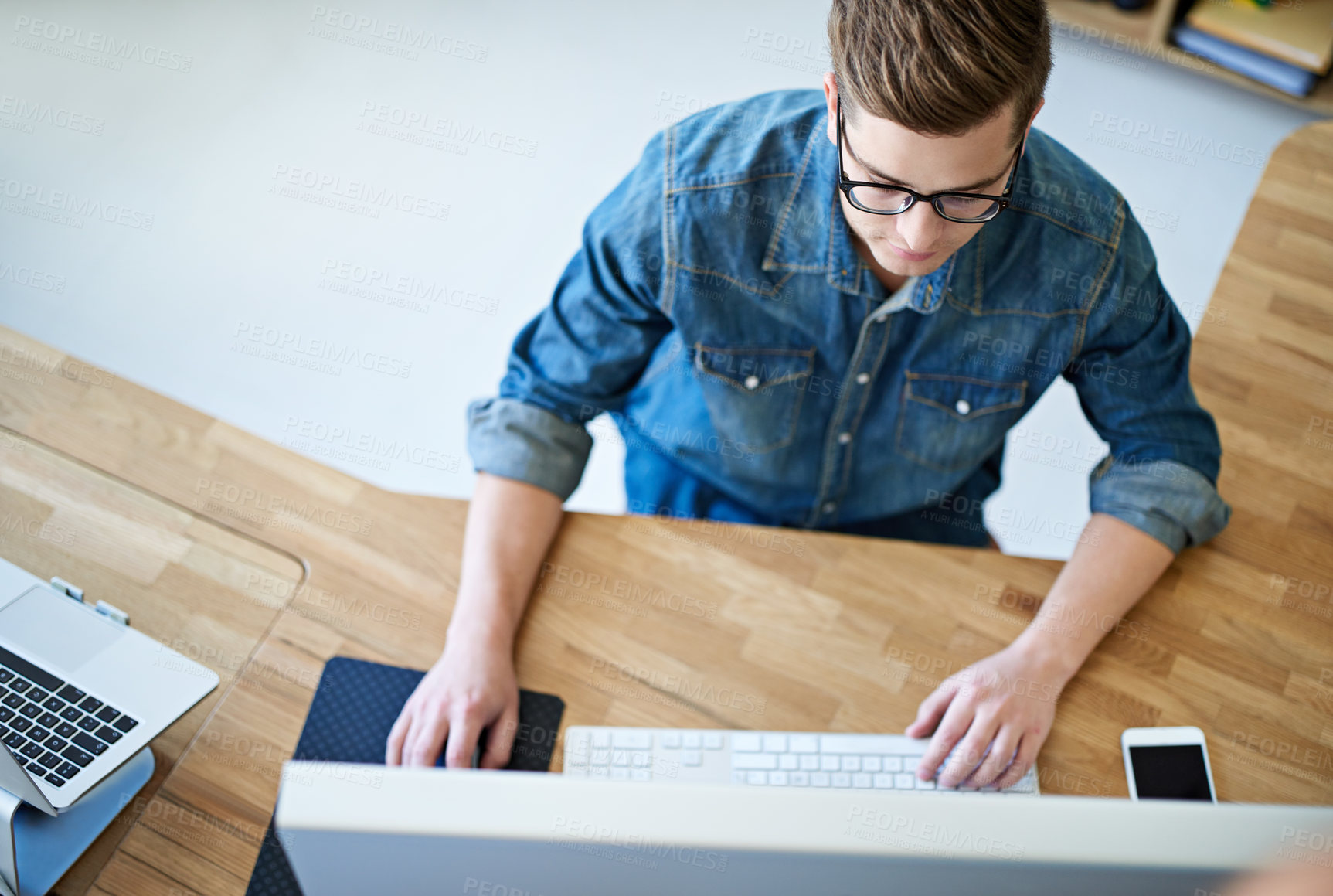 Buy stock photo Computer, creative and planning with man in office for service designer, workflow mapping and website ui.  Project management, target audience and feedback with person and above for startup.