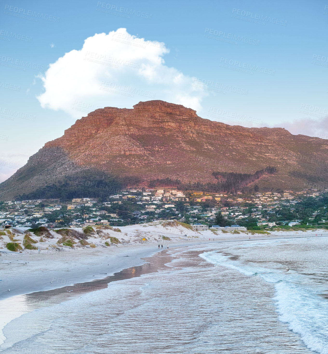 Buy stock photo Landscape, beach and ocean for travel, holiday and nature with sand, mountain and sunshine. Coastal view, water and sea in summer for tropical vacation in Greece with blue sky, clouds and cityscape