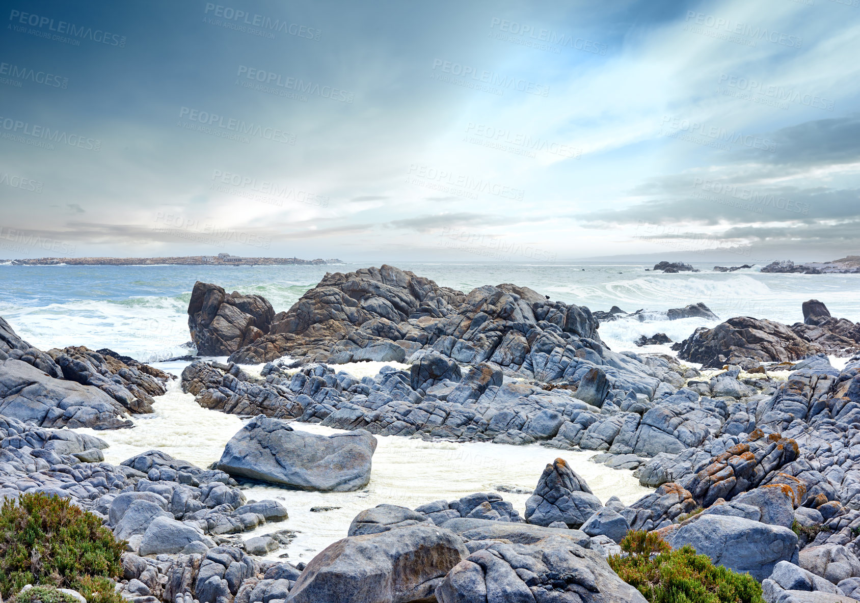 Buy stock photo Coast, sea and waves landscape with rocks and horizon for peace, travel destination and holiday location. Beach, cloudy sky and ocean water for vacation environment, skyline and scenery in nature