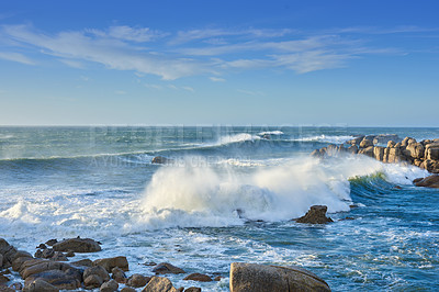 Buy stock photo Waves, blue sky and ocean scenery with nature or horizon for peace, travel destination and holiday location. Seascape, rocks and sea water for vacation landscape, panorama or environment on coast