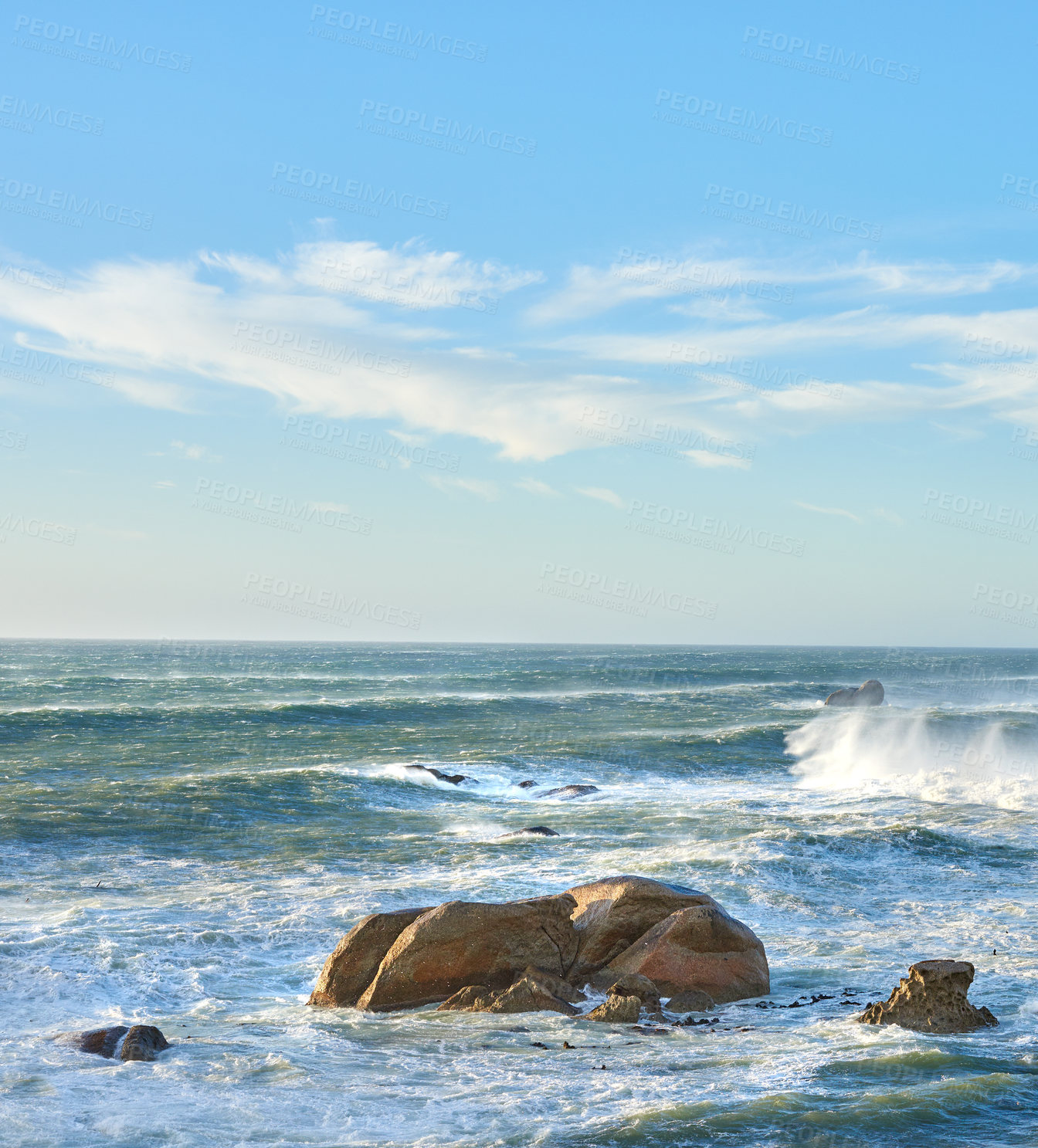 Buy stock photo Waves, rock and ocean scenery with nature or horizon for peace, travel destination and holiday location. Seascape, blue sky and sea water for vacation landscape, panorama or environment on coast