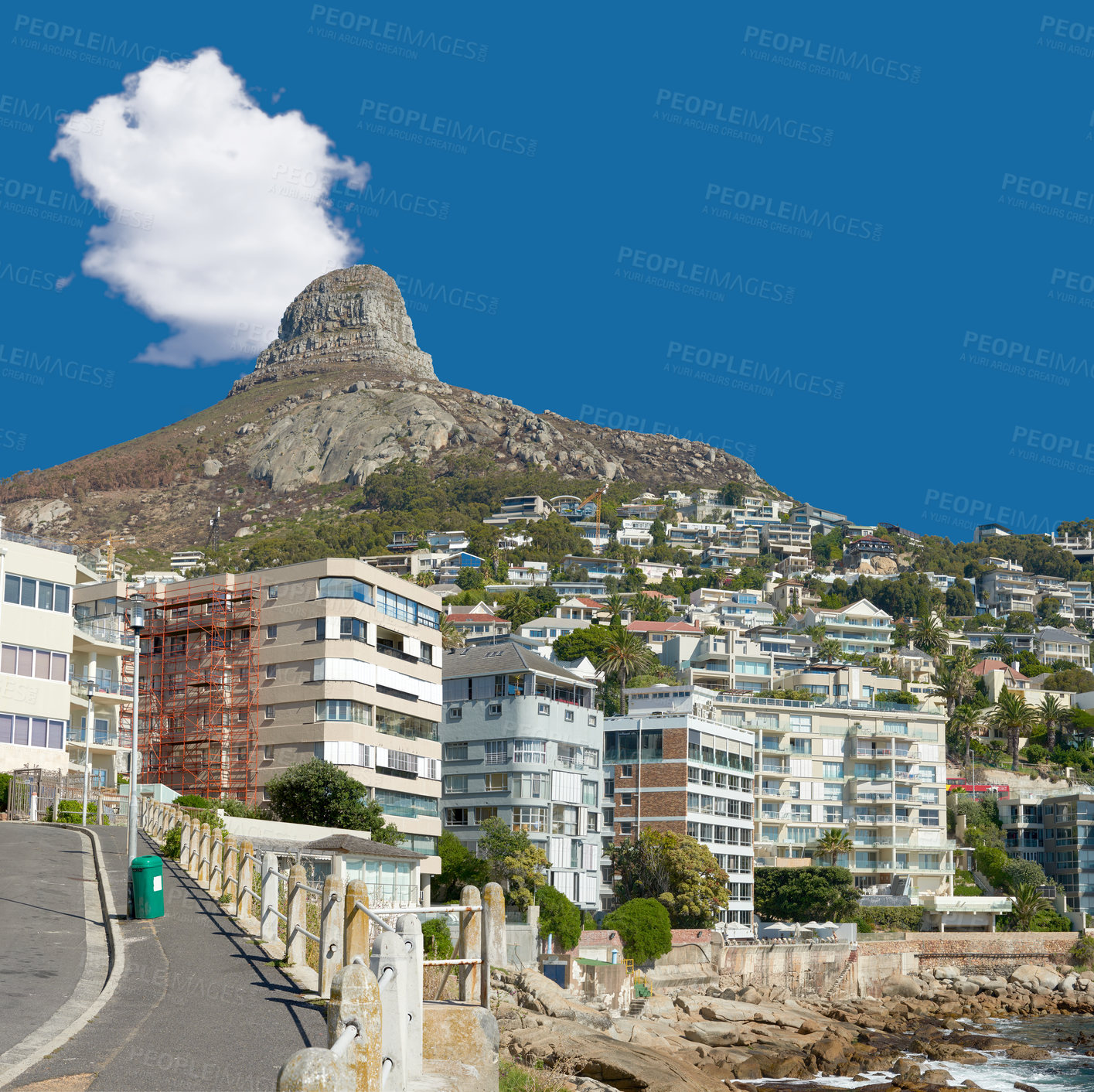 Buy stock photo Landscape, beach and cityscape for travel, holiday and nature with buildings, ocean and sunshine. Mountains, water and sea in summer for tropical vacation in Florida with blue sky and adventure