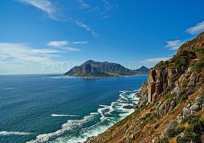 Buy stock photo Landscape, sea and mountain for travel, holiday and nature with waves, rocks and sunshine. Coastal view, water and ocean in summer for tropical vacation in Italy with blue sky, clouds and island