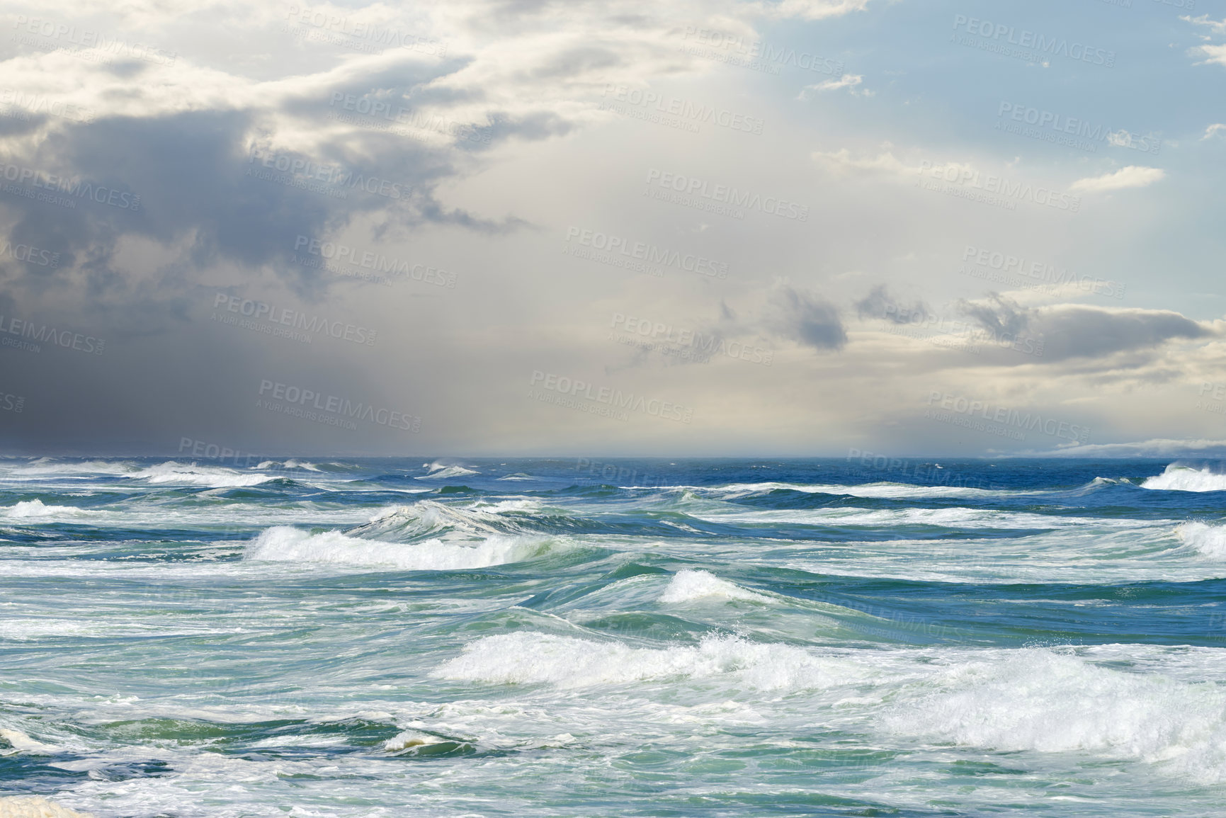 Buy stock photo Waves, ocean and nature scenery with shore and horizon for peace, travel destination and holiday location. Seascape, cloudy sky and sea water for vacation landscape, panorama or environment on coast