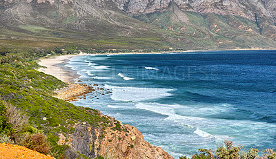 Buy stock photo Landscape, beach and mountains for travel, holiday and nature with beachfront, ocean and sunshine. Coast, water and sea in summer for tropical vacation in California with blue sky and environment