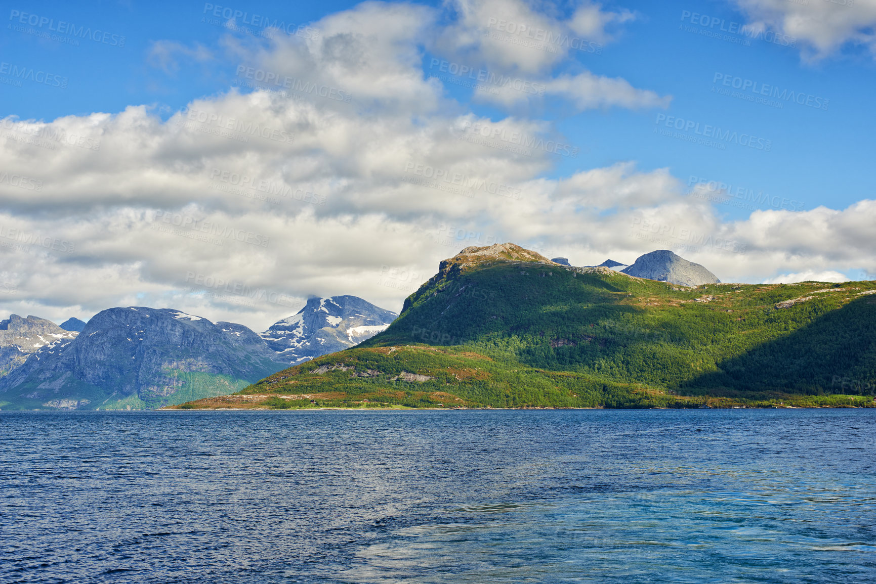 Buy stock photo Mountain, ocean and blue sky with clouds for nature adventure, holiday destination and travel by water. Natural environment, stratocumulus and sea with landscape, hill and vacation in South Africa