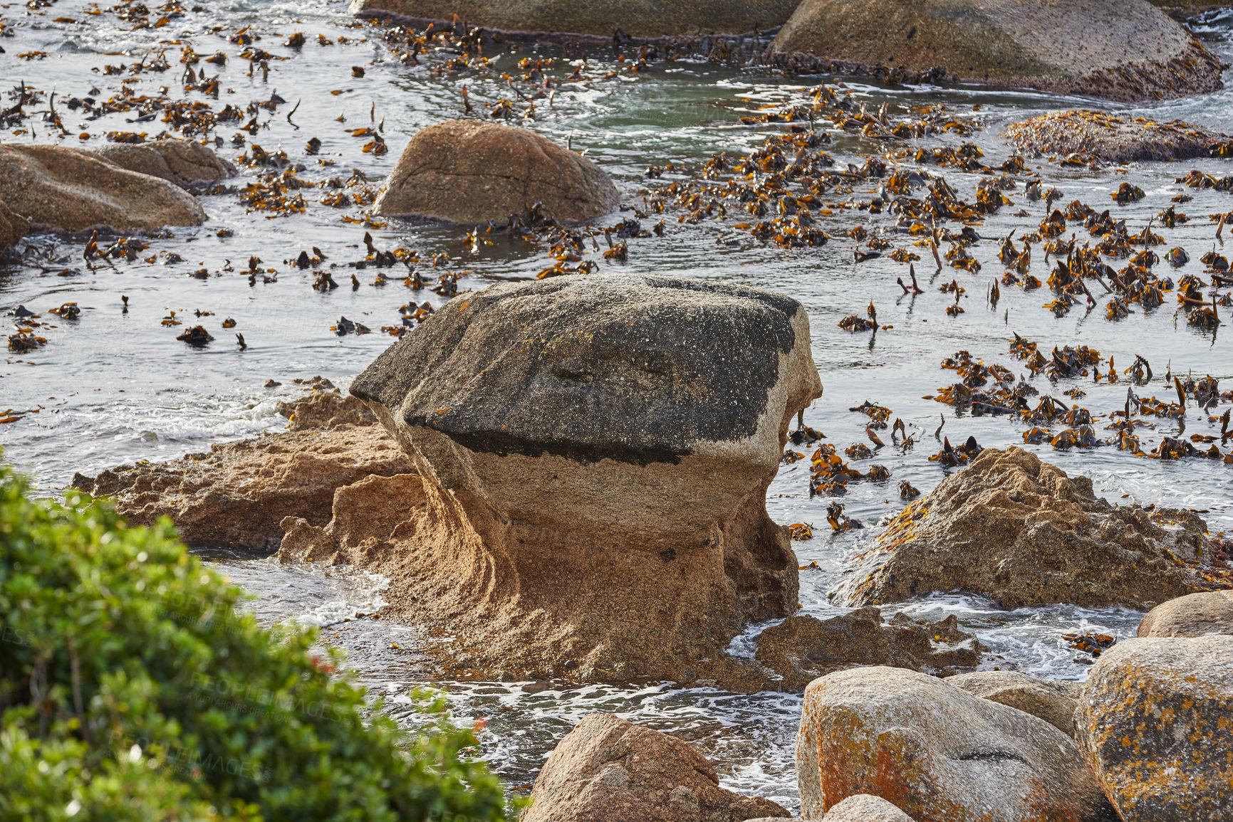 Buy stock photo Waves, rock and ocean landscape with nature and kelp forest for peace, travel destination and holiday location. Seascape, travel and sea water for vacation scenery, beach trip or environment on coast