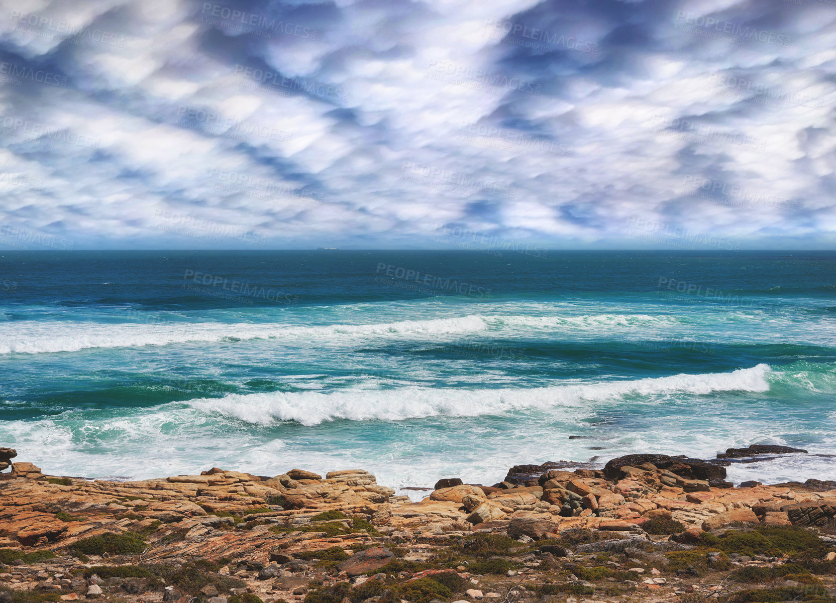 Buy stock photo Ocean, rocks and water in nature outdoor for travel destination, coat environment and natural beauty. Blue sky, beach and scenery for seaside peace, tourism journey with adventure location of view