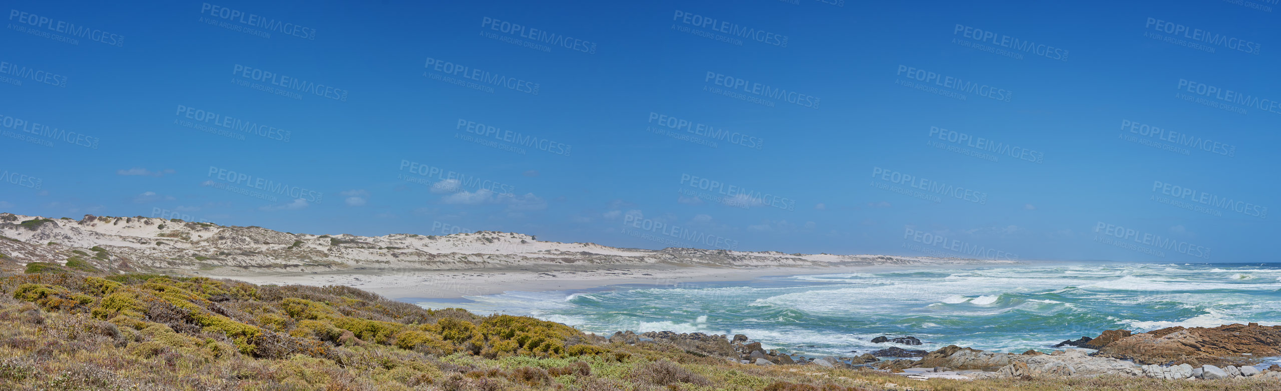 Buy stock photo Ocean, island and horizon in outdoor nature, travel and peace in environment on sea vacation. Water, location and calm beach on weekend trip, tropical paradise and holiday wallpaper of Bali skyline