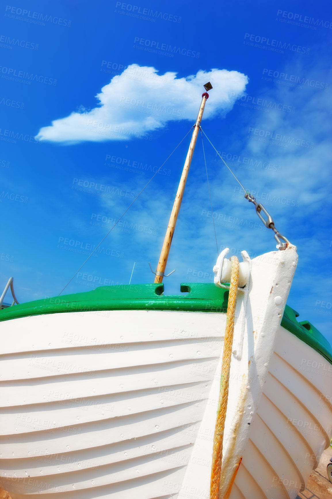 Buy stock photo Closeup shot of a boat against a blue sky