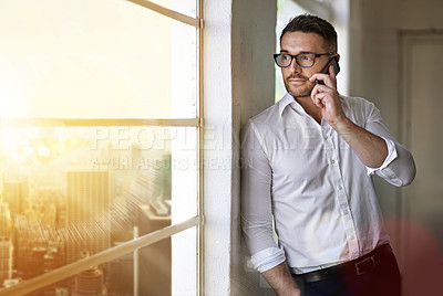 Buy stock photo Phone call, mature businessman and talk at window for communication, trust and thinking in city. Male entrepreneur, startup and cell in office for discussion, customer service or proposal opportunity