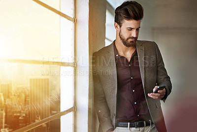 Buy stock photo Phone, business man and typing email on app for networking and research information online. Mobile technology, scroll and office worker or financial consultant reading budget report with lens flare