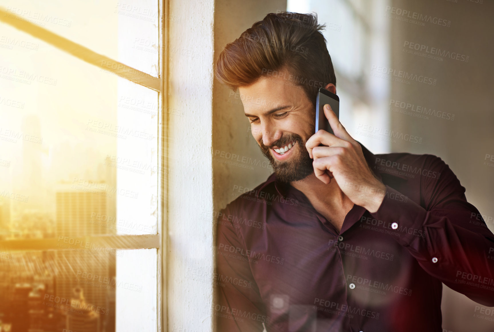 Buy stock photo Phone call, smile and business man talking to contact for good news with flare. Mobile, conversation and happy worker in office for deal, information and investment advice with financial consultant