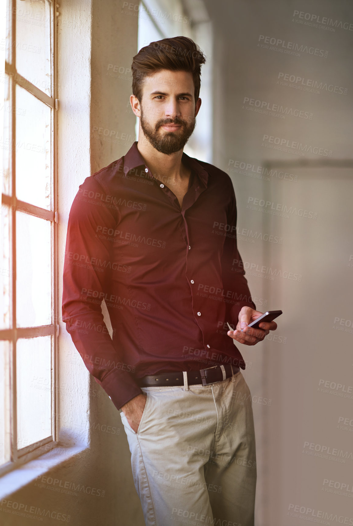 Buy stock photo Phone, portrait and confident business man on app for career, job or research information online. Mobile technology, scroll and office worker, employee or promotions manager planning project in Spain