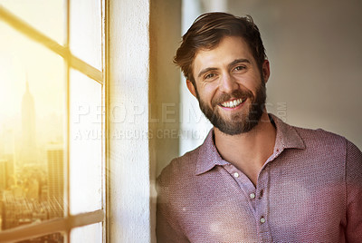 Buy stock photo Happy, portrait and man at window for inspiration, creativity and career success in city. English teacher, smile and knowledge in lecture room for education, experience and expertise in literature