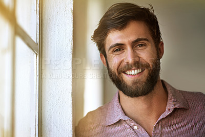 Buy stock photo Cropped portrait of a businessman standing by his office window