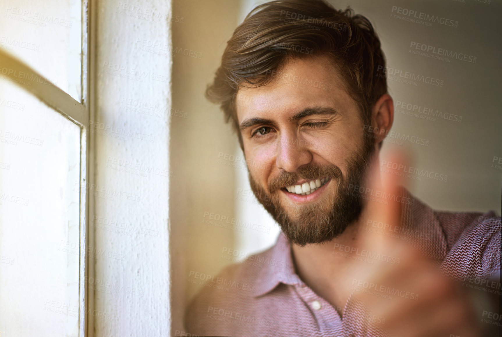Buy stock photo Thumbs up, portrait and man at window for yes, creativity and career success in city. Spanish teacher, knowledge and positivity in lecture room with hand gesture, education and experience in Spain