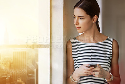 Buy stock photo Thinking, business and woman with cellphone, window and social media with digital app. New York, person and employee with technology, connection and website info with solution, view and smartphone