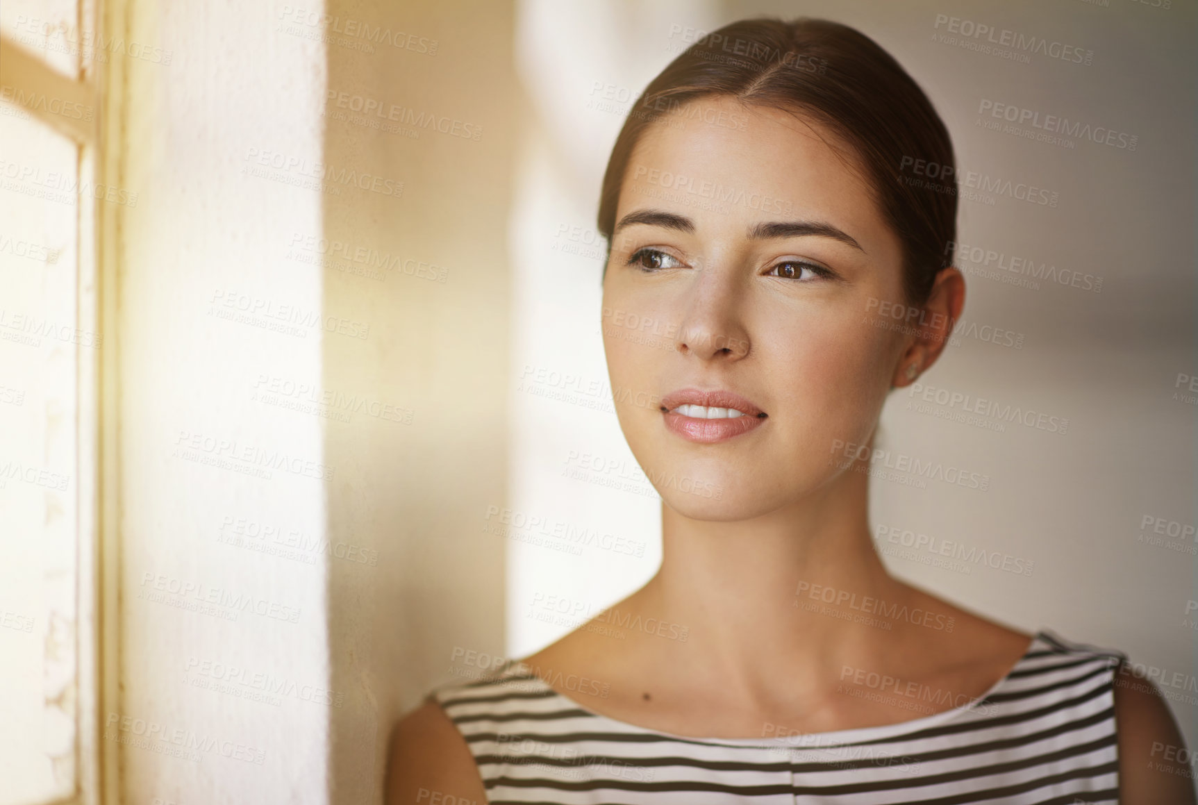 Buy stock photo Woman, thinking and window with memory for morning, reflection or ambition for fresh start at home. Female person in wonder, thought or contemplation for idea, beginning or day in sunlight at house