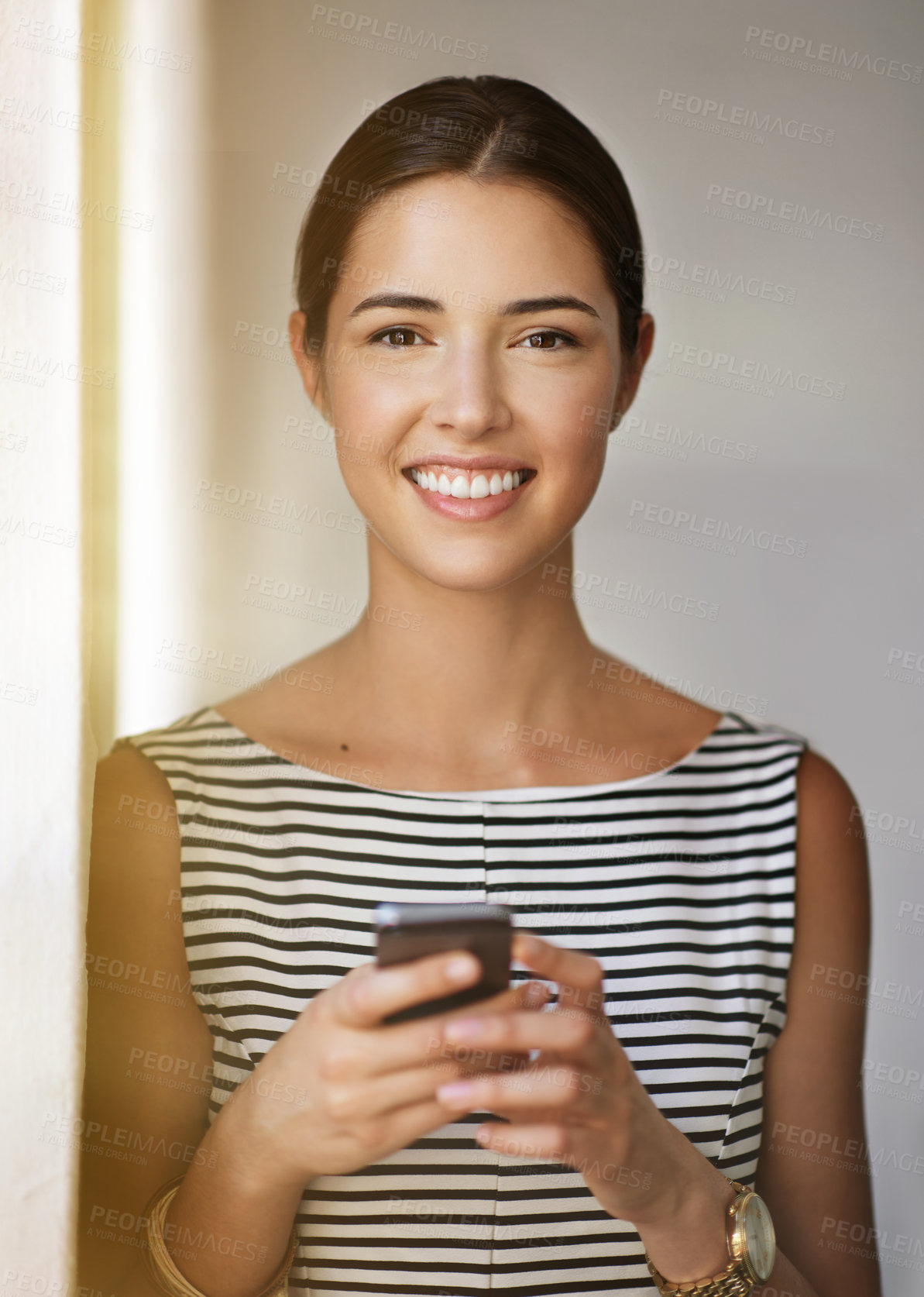 Buy stock photo Portrait, woman and happy at office with smartphone for communication, networking and good news. Business, female employee and smile or confident as real estate agent on property website for sale