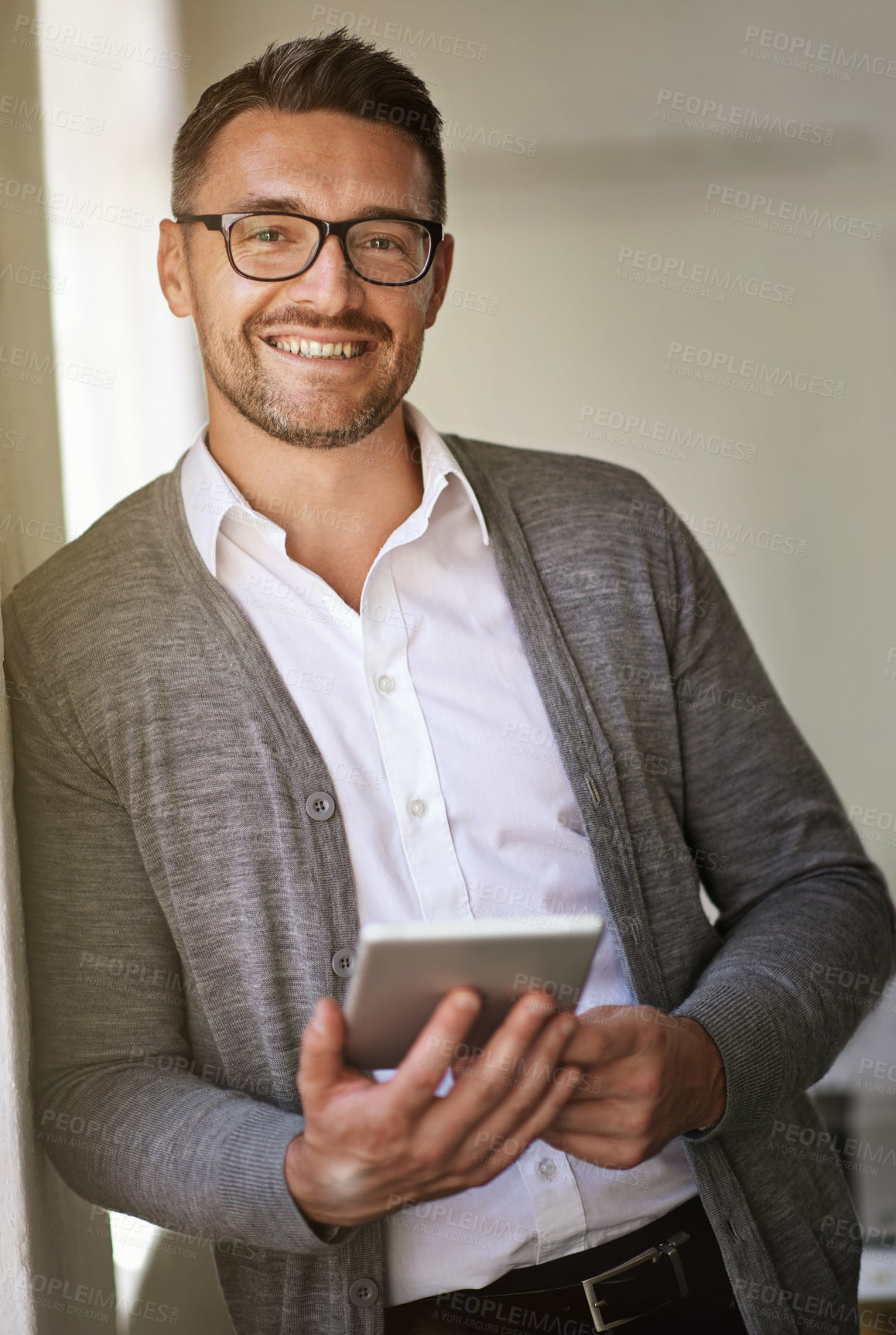 Buy stock photo Business man, tablet and portrait in office for networking, email and communication with smile. Male accountant, happy and digital tech for economy news, stock market forecast and investment website