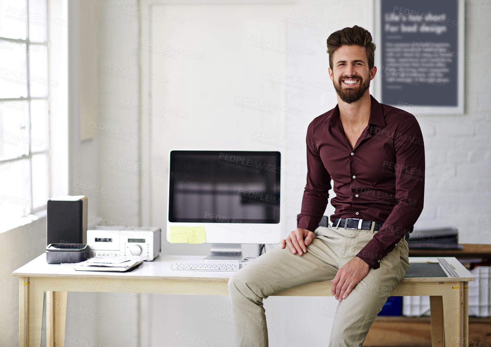 Buy stock photo Computer, portrait and smile of web development man in office for administration of creative programming. Business, desk and tech with website developer in professional workplace for IT support