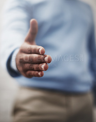 Buy stock photo Handshake, deal and businessman stretching hand for agreement, collaboration or greeting. Career, partnership and professional male hr manager with welcome gesture for onboarding or recruitment.