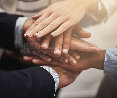 Buy stock photo Business people, hands and stack for teamwork support or partnership job, trust or solidarity, Colleagues, fingers and pile as company team building or corporate agreement, synergy or collaboration