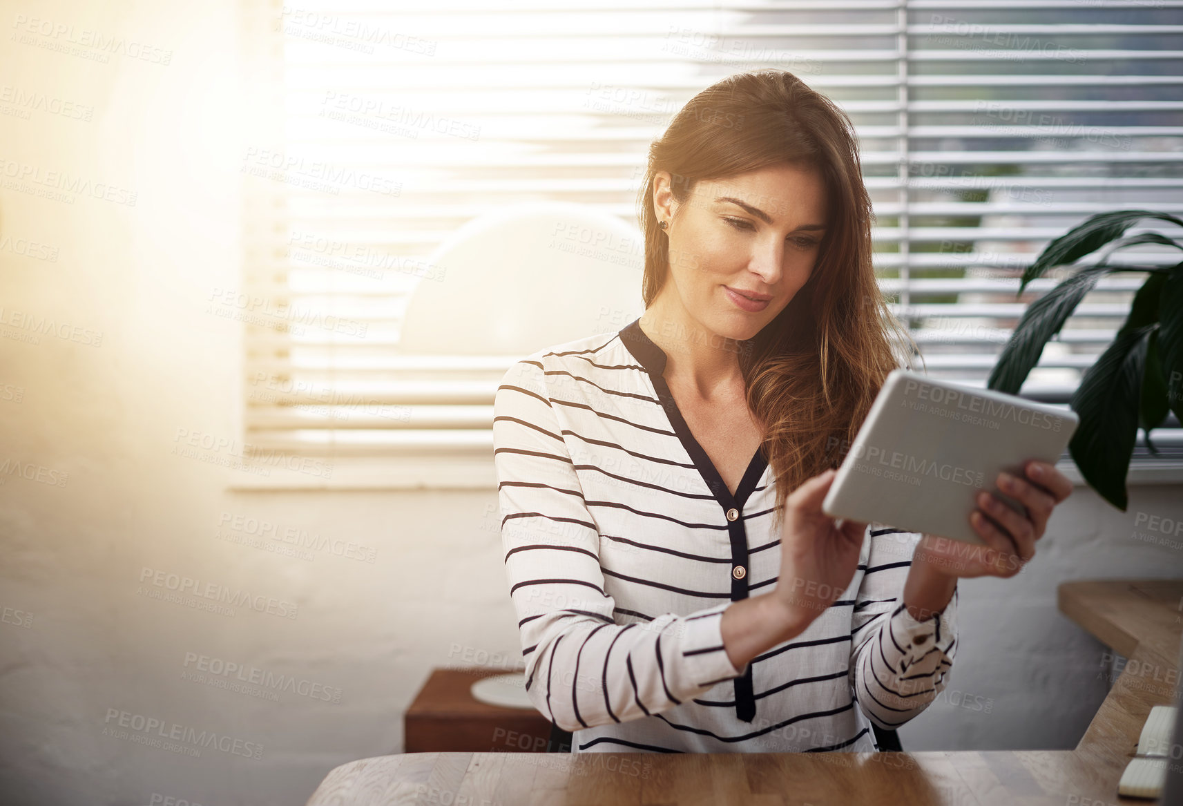 Buy stock photo Lens flare, window and business woman with tablet in office for email, internet and communication for job in corporate career. Professional, employee and financial broker with technology in workspace