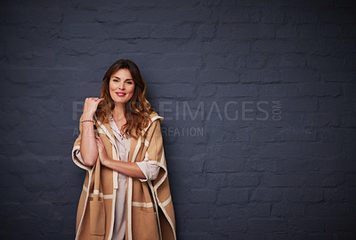 Buy stock photo Fashion, beauty and portrait of woman by brick wall with stylish, trendy and elegant outfit. Cosmetic, winter and female model with classy clothes for style by dark black background with mockup.