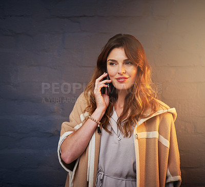 Buy stock photo Wall, phone call and woman with smartphone for contact, social media and app by mock up space with smile. Face, happy and technology for conversation, communication and talking isolated by building