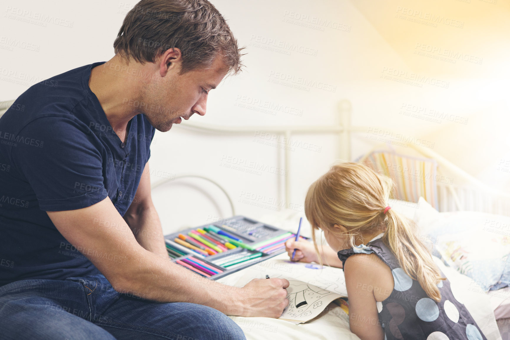 Buy stock photo Father, daughter and coloring book for homework with helping, bonding and learning for education in bedroom of home. People, man and girl child with homeschooling, creativity and care on bed of house