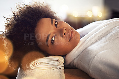 Buy stock photo Woman, relax and portrait in spa for beauty, care and cosmetic therapy for break and wellness. African person and natural for holistic health with skincare for clean and hygiene with towel for rest