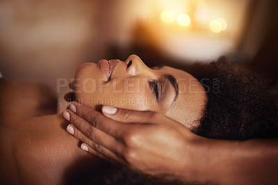 Buy stock photo Woman, relax and wellness in spa for massage, care and cosmetic treatment for break or peace. African person and natural for holistic therapy with hand on face for skincare, clean and hygiene