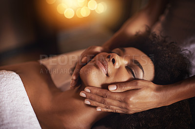 Buy stock photo Black woman, hands on face and massage with masseuse, beauty and bodycare at spa for stress relief and wellness. Treatment, skin and facial with healing for zen, self care and relax at luxury resort